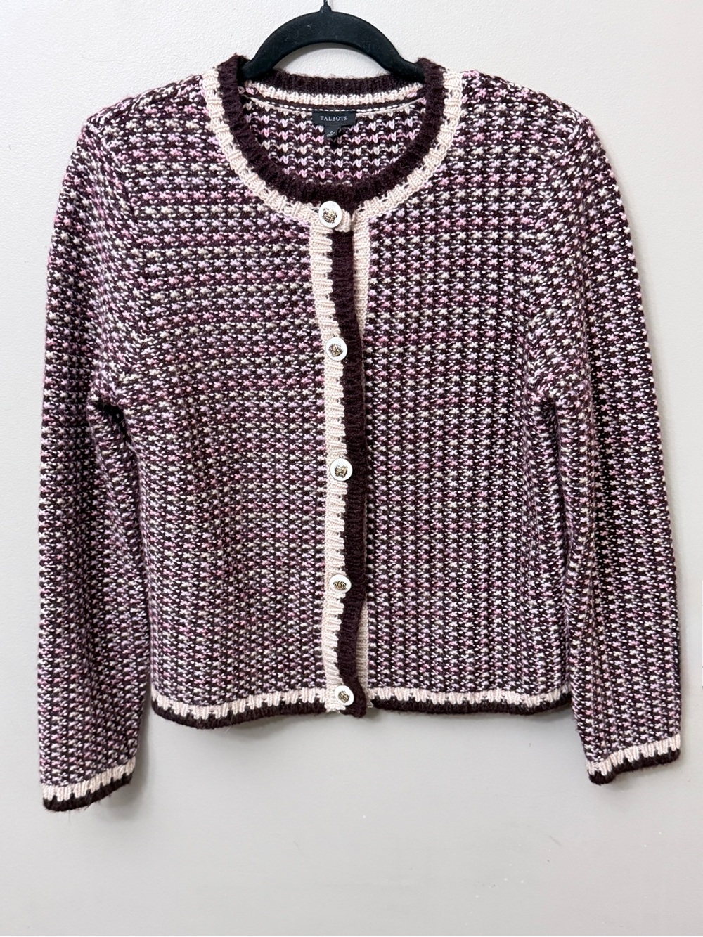 Talbots Tweed Crewneck Cardigan Contrast Trim Burgundy Multi Size Medium